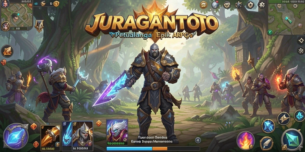 Screenshot gameplay JURAGANTOTO menampilkan pertempuran seru dan dunia fantasi.