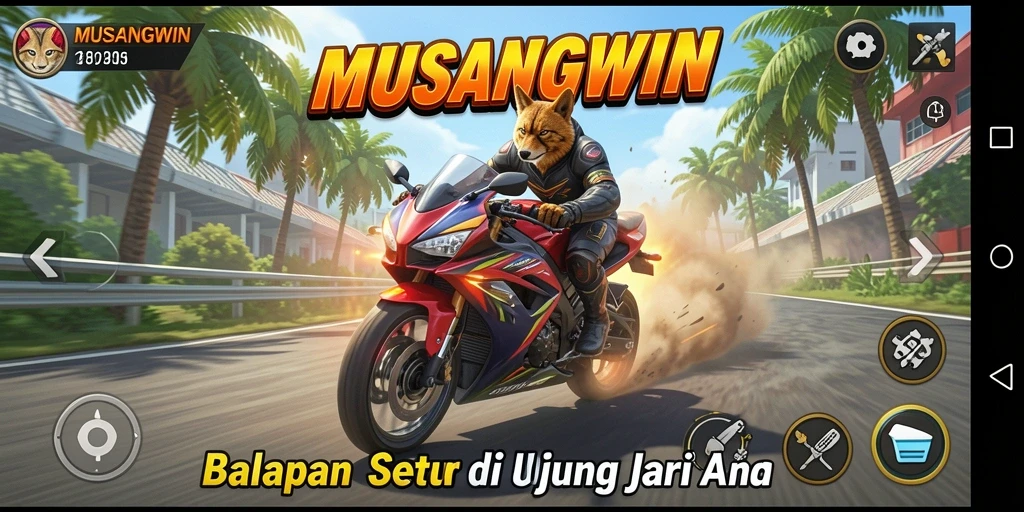 Tampilan gameplay seru dari MUSANGWIN saat balapan motor.