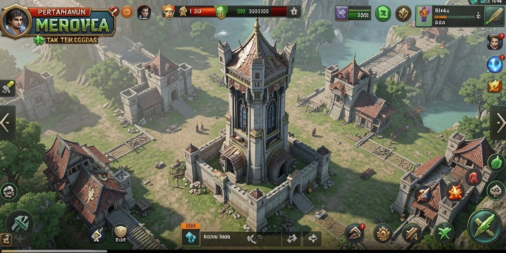 Screenshot gameplay RR44 menampilkan menara-pertempuran yang strategis.